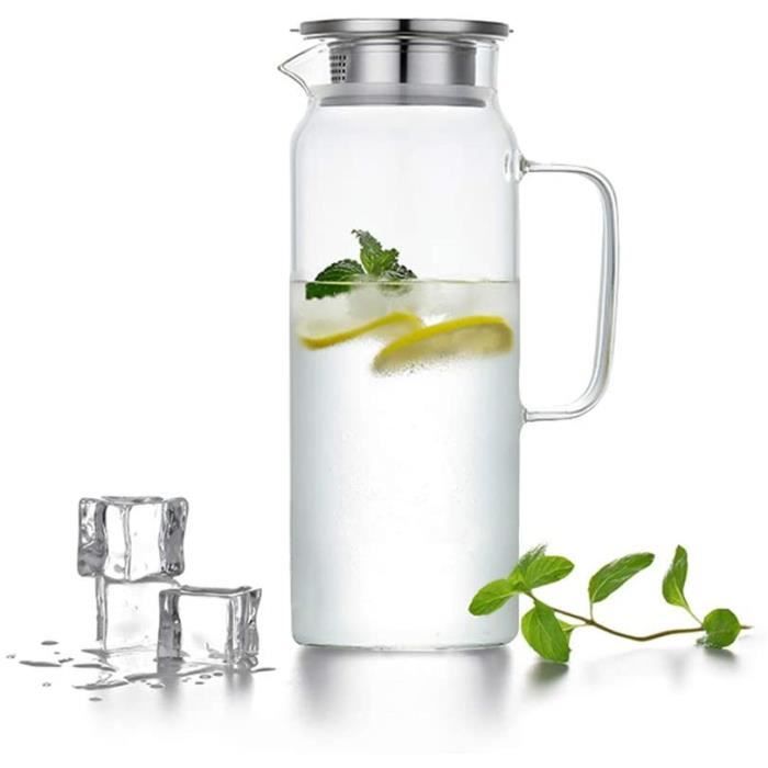 Carafe à Eau Baffect 1,8L Verre Borosilicate - Compatible Réfrigérateur Et Chaleur - Avec Couvercle Inox
