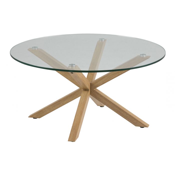 Heat Table basse Ø82 cm plateau en verre et pieds en métal recouverts en feuille de chêne. Heat Table basse Ø82 cm plateau en verre et pieds en métal recouverts en feuille de chêne.