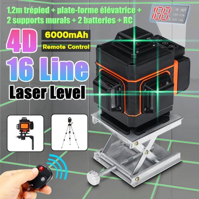 Niveau Laser Rechargeable 16 Lignes 2 Batteries 6000mAh 360° Croix Rotatif Vertical Horizontale Auto Nivellement Lumière VERT Outil