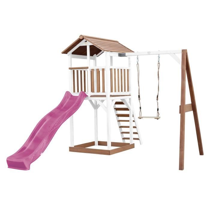 AXI Beach Tower Aire de Jeux avec Toboggan en violet, Balançoire & Bac à Sable | Grande Maison enfant extérieur en marron & blanc