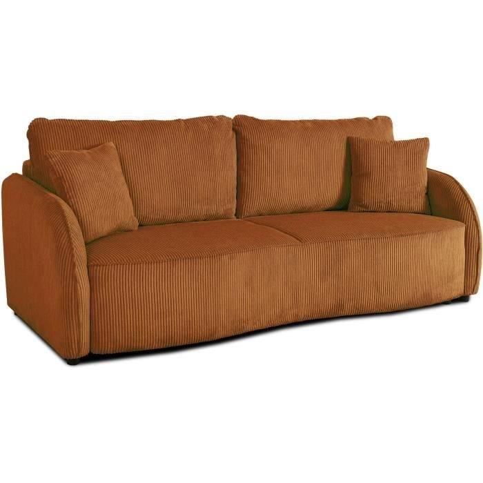 Canapé convertible 3 places - BARI - Velours cotelé - Terracotta - Coffre de rangement - 215 x 89 x 100 cm