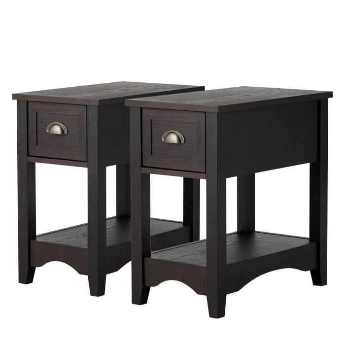 COSTWAY Lot de 2 Tables dAppoint avec Tiroir Pieds en Bois dHévéa 56x33x58 5 cm Bout de Canapé Rétro Brun Noyer