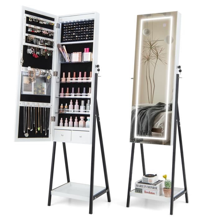 COSTWAY Armoire à Bijoux sur Pied -Miroir Pleine Longueur Lumières LED 3 Couleurs Interrupteur Tactile Porte Verrouillable