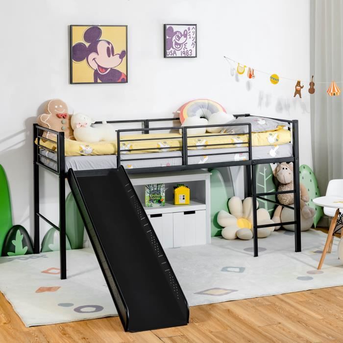 dreamde lit superposé lit mezzanine enfant avec toboggan amovible, échelle et clôture, lit combine en acier pour chambre, noir