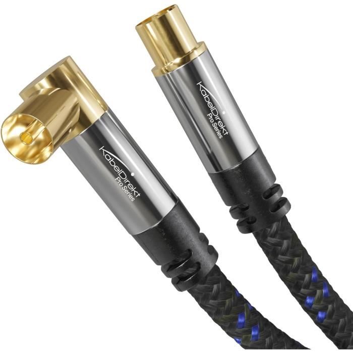 Câble Antenne TV 2,5m - Connecteurs 90° - Noir - Coaxial Male/femelle - Qualité Signal