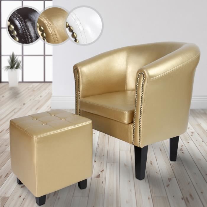 miadomodo® fauteuil chesterfield avec repose-pied - en simili cuir, doré - chaise, cabriolet, tabouret pouf, meuble de salon