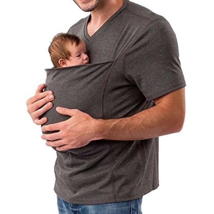 T-SHIRT Homme Porte-Bébé T-Shirt V T-Shirt À Manches Courtes Shirt Kangaroo Elastique Confort Gris