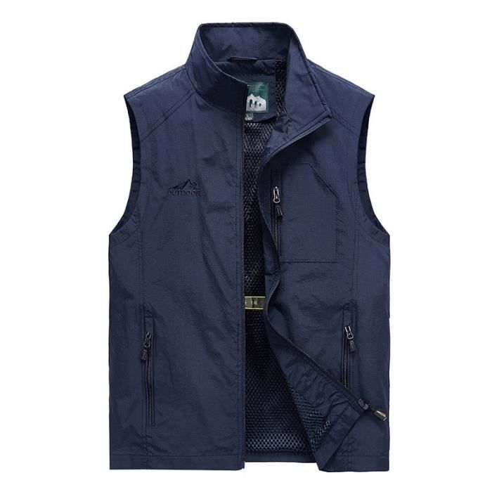 Gilet de Pêche Homme Veste Zippee Sans Manches Séchage Rapide Grande Taille Couleur Unie