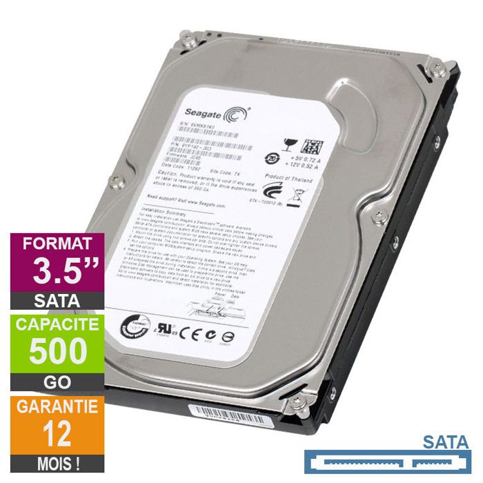 Disque Dur 500Go SATA 3.5 Seagate ST3500312CS 20mm 5900rpm 8Mo