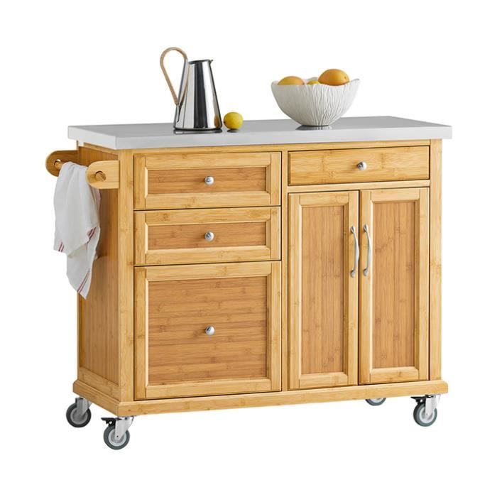 sobuy® fkw70-n meuble de rangement cuisine buffet de cuisine roulant desserte sur roulettes en bambou - plans de travail en acier