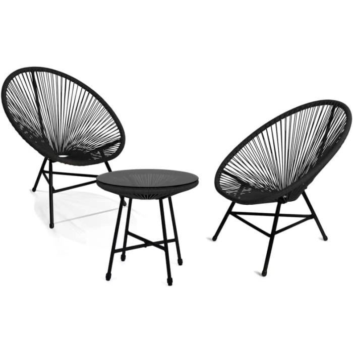 idmarket - salon de jardin izmir table et 2 fauteuils oeuf cordage noir238