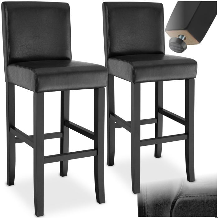 Tabouret de bar - TECTAKE - Lot de 2 tabourets avec pieds en bois massif et repose-pieds hauteur dassise 76 cm - Noir