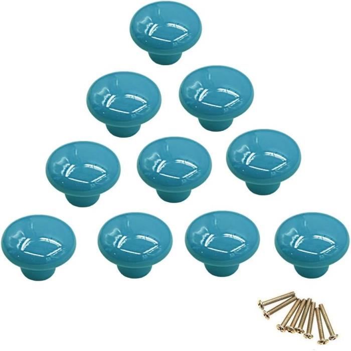 Lot De 6 Boutons De Placard En Verre Émaillé – Bleu Et Blanc, Style Pop Art, Fabriqué Aux USA