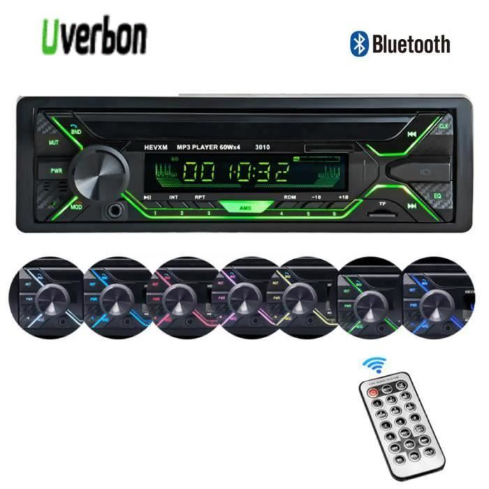 Autoradio Bluetooth UVERBON, 7 Couleurs Stéréo FM Radio 60W x 4, Lecteur  MP3 Poste Main Libre Voiture Support USB/SD/TF/AUX+Télécomm - Cdiscount Auto
