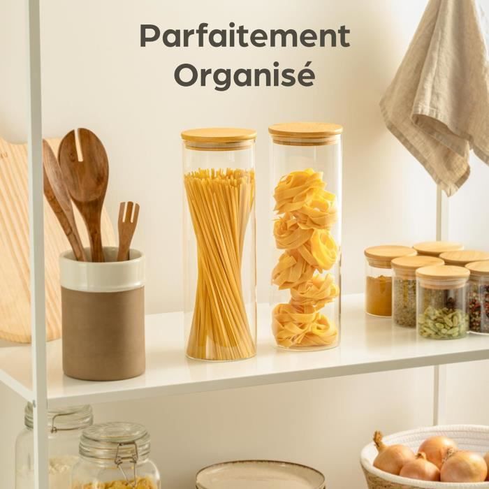 Boîte De Rangement Pâtes Hermétique En Verre Avec Couvercle Bambou – 1,5L Ou 2,25L – Organisateur Cuisine Élégant Et Pratique
