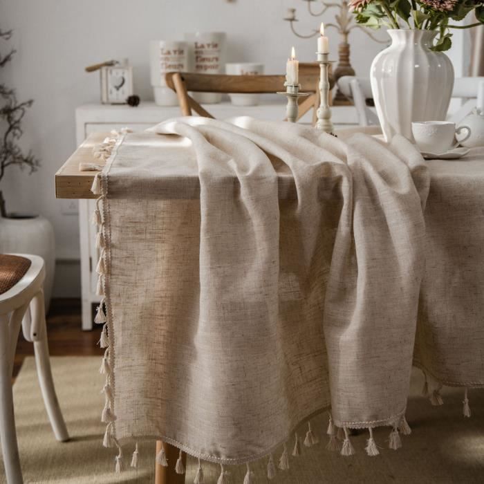 Nappe Rectangulaire SUCHDECO Beige 140x240cm - Anti-Tache Coton/Lin - Avec Glands - Pour Intérieur/Extérieur
