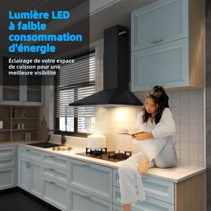 Hotte Aspirante Inclinée 60cm FIREGAS - Moteur Sans Balais | 3 Vitesses | Évacuation Ou Recyclage | Noir