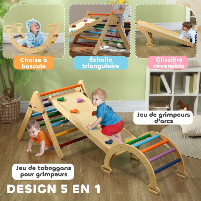 Triangle D'escalade Montessori 9 En 1 - Bois Massif, Toboggan, échelle, Pour Enfants 1 à 6 Ans