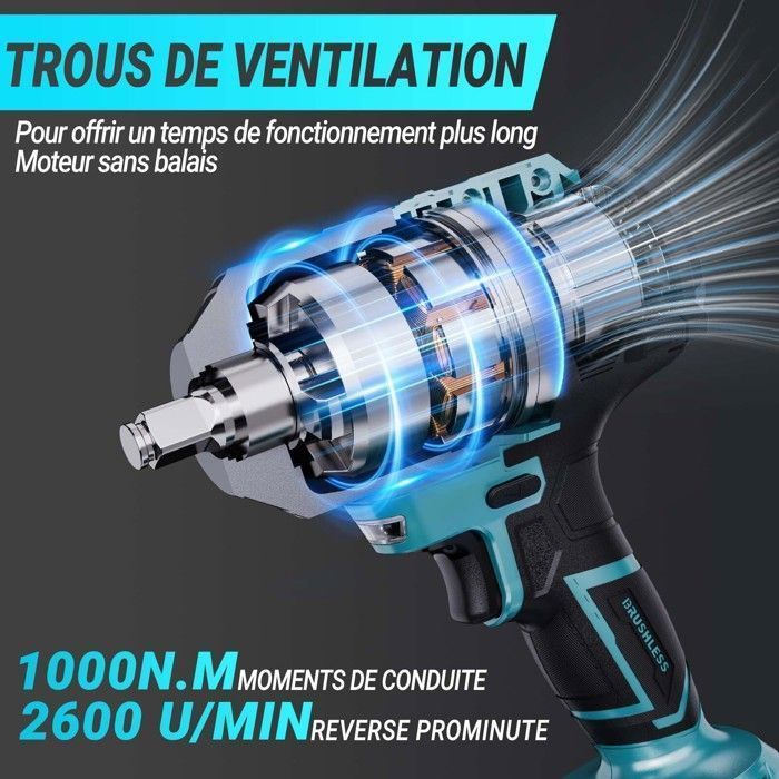 Clé à Chocs Sans Fil 1000N.m Gisam - Moteur Brushless 1/2" - 2 Batteries 4.0Ah - Chargeur Rapide - Idéale Voiture Et Bricolage