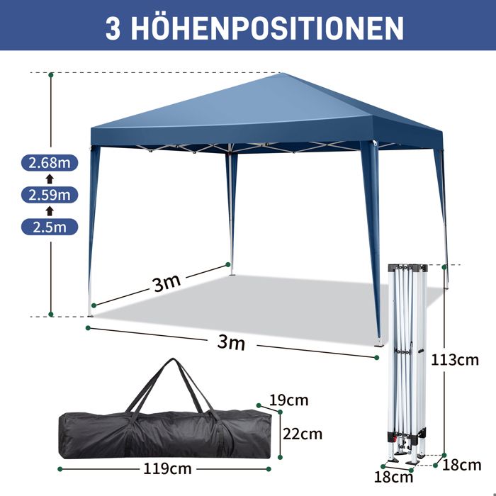 Pavillon Pop-up 3x3m Wiltec – Tonnelle Pliante Jardin Avec Roues, One Push, Protection UV50+ & Hydrofuge