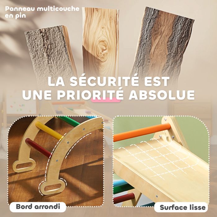 Aiyaplay – Triangle d'escalade 5 en 1 pour enfants – Construction en bois massif – Rampe réversible, toboggan, bascule – Charge max 50 kg – 18-48 mois