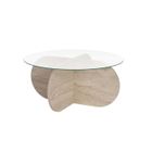 CALICOSY - Table basse avec pieds croisés et plateau en verre trempé D75 cm - AERIS - Travertin