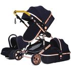 LUXCAR Poussette Bébé Combinée Trio Pack 3 en 1 Noir-Dor Chassis Haut a Absorption de Chocs Pliable Siege Auto Réversible Roues