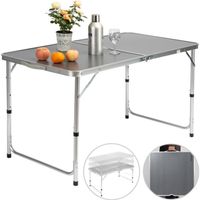 Table de camping gris aluminium MDF pliable avec poignée transport 120x60x70cm coffre table de jardin réglable hauteur 3 niveaux