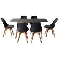Table extensible HELGA et 6 chaises NORA noir - HAPPY GARDEN - Scandinave Moderne - 6 places - Bois - Laqué
