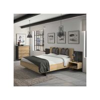 Cadre + Tête de lit avec coussins 180*200 + Chevets Chêne/Noir - FIP - L 206 x l 275 x H 102