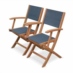 FAUTEUIL JARDIN  Fauteuils de jardin en bois et textilène - Almeria Gris anthracite - 2 fauteuils pliants en bois d'Eucalyptus  huilé et textilène