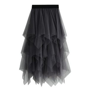 JUPE lukcolor Jupe plissée décontractée à taille élastique en fil net irrégulier pour femmes 1PC jupe Gris