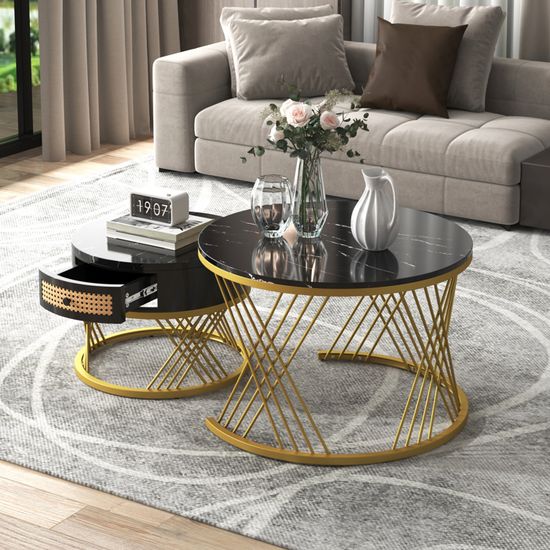 Tables Basses Gigognes Imitation Marbre - 2 Tailles (70x45cm Et 45x40cm), Structure Métal Doré/noir - Pour Salon Moderne - 5