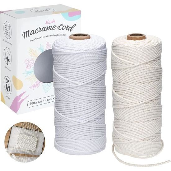 JeogYong Lot De 4 Corde Macramé 2mm X 100m Ficelle Naturelle Fil Macrame Coton Cordon Bricolage Cordelettes Pour Tentures Murales, Suspension Plante, Décorations D'intérieur, Art Floral Creatif (A