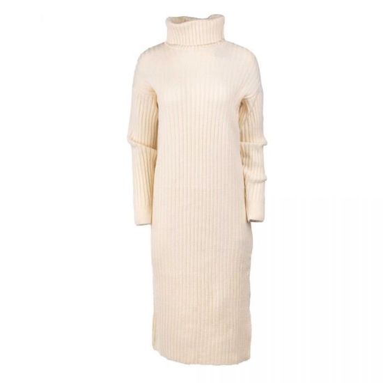 Robe longue manches longues col roulé Femme PIECES Blanc ecru ...