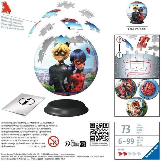 Puzzle 3D Sphère Miraculous Ravensburger 72 Pièces - Ladybug Et Chat Noir, Diamètre 13cm, Support Inclus, 6 Ans+