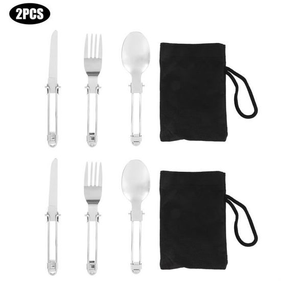 Set De Couverts Camping 5 Pièces - Acier Inoxydable Poli Miroir - Sac De Rangement - Ouvre-Bouteille