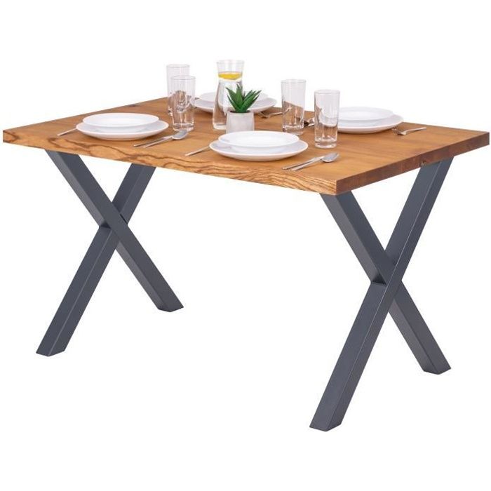 LAMO MANUFAKTUR Table à manger industrielle en bois massif - 120x80x76cm - frêne rustique - pieds métal gris - modèle design