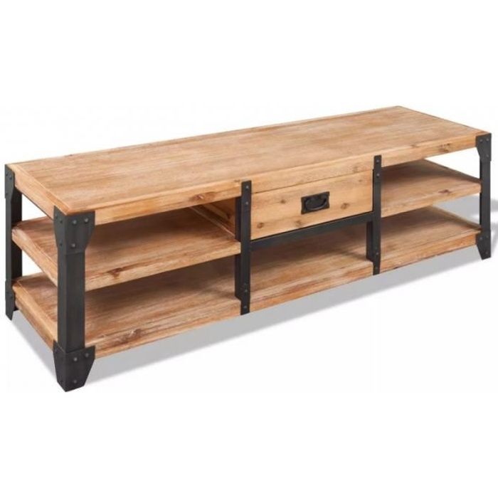 Meuble TV en bois d'Acacia massif et acier noir L.140CM - CS2439131