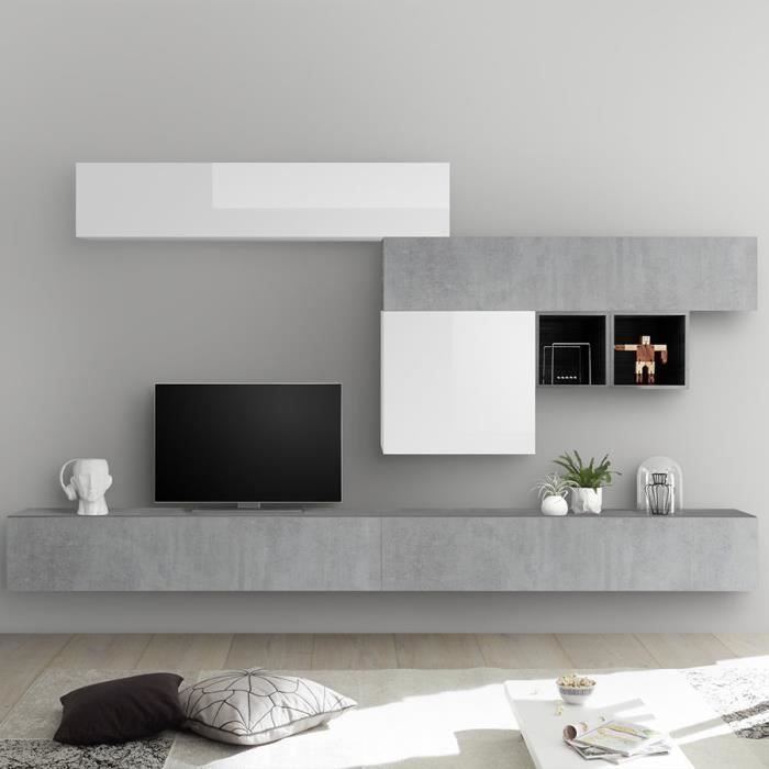 Ensemble meuble TV blanc laqué et gris béton GALATINA Gris L 275 x P 300 x H 200 cm
