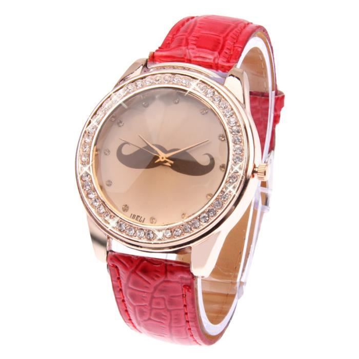 (#140) Fashionable Diamond Decoration Beard Style Quartz Watch with PU Leather Band (Red)