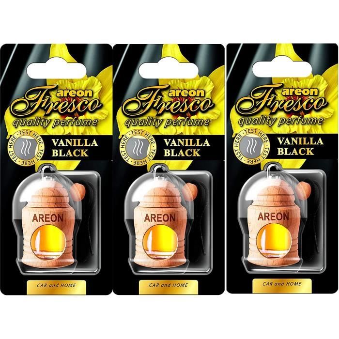 32>AREON Fresco Désodorisant Voiture Liquide Vanille Noir Bouteille en Bois Flacon Rétroviseur Pendu 4ml (Vanilla