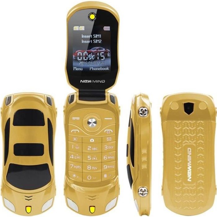 Téléphone portable débloqué F15 Mini Flip - En forme de voiture de sport - Double SIM - Lecteur MP3 / MP4 Or