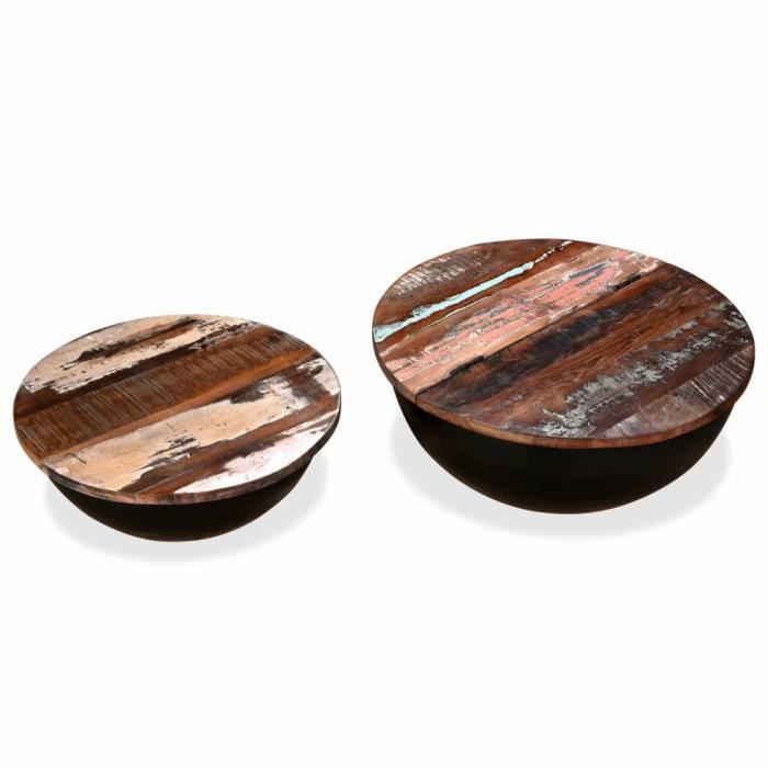Table basse 2 pcs en Bois de récupération massif - Forme de bol - Design industriel - Ø 60 x H 27 cm / Ø 50 x H 21 cm - Noir
