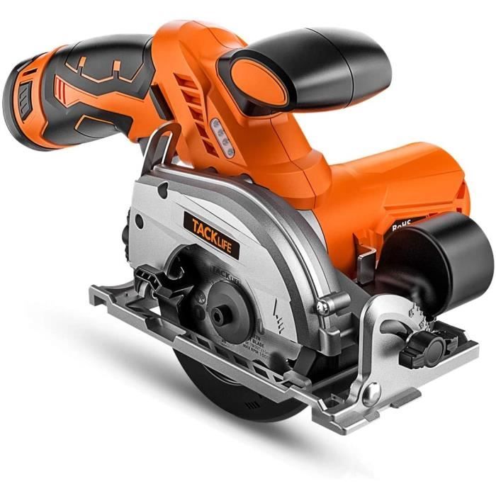 TACKLIFE 12V Mini Scie Circulaire Sans Fil, Coupe en Biseau 0°- 45°, Profondeur de Coupe 26,5 mm (90°), 16 mm (45°), 2×Lames 20D, Lu