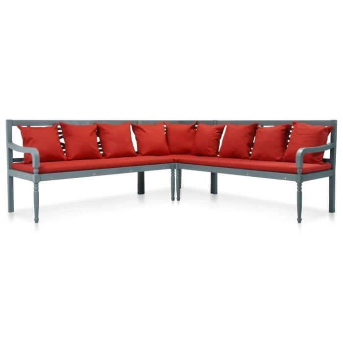 HMF© Ensemble Canapé Fauteuil et Table de Jardin - Salon de jardin 4 pcs - Bois d'acacia solide Gris et rouge ♕85321