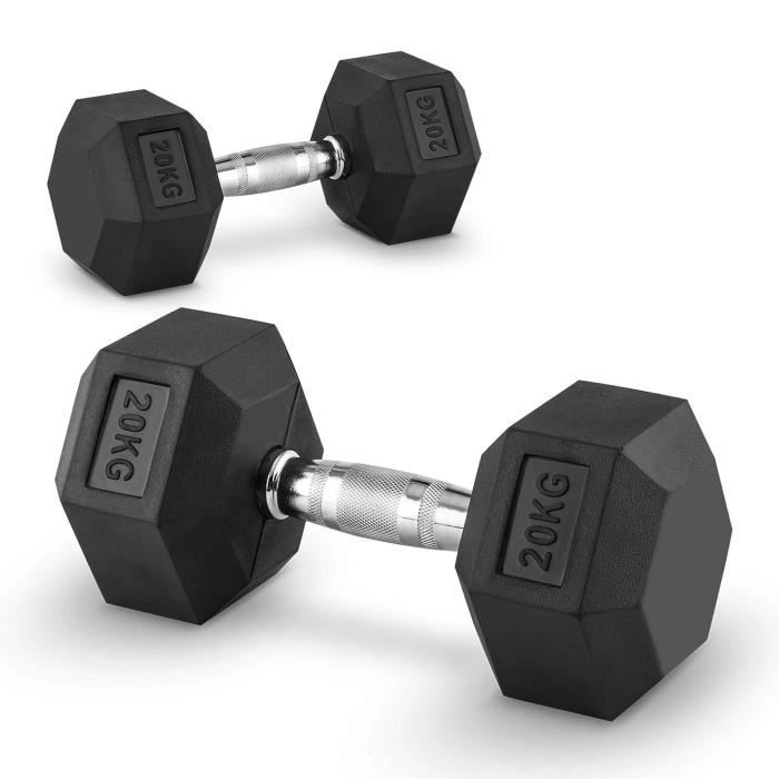 CAPITAL SPORTS Hexbell - Paire d'haltères courts pour musculation, cross-training… (caoutchouc résistant, prise chromée) - 2x 20kg