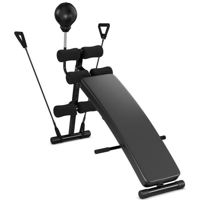 COSTWAY Banc de Musculation Abdominaux Réglable à 4 Positions avec Balle de Boxe, 2 Sangles de Traction Pliable Charge 100KG Noir