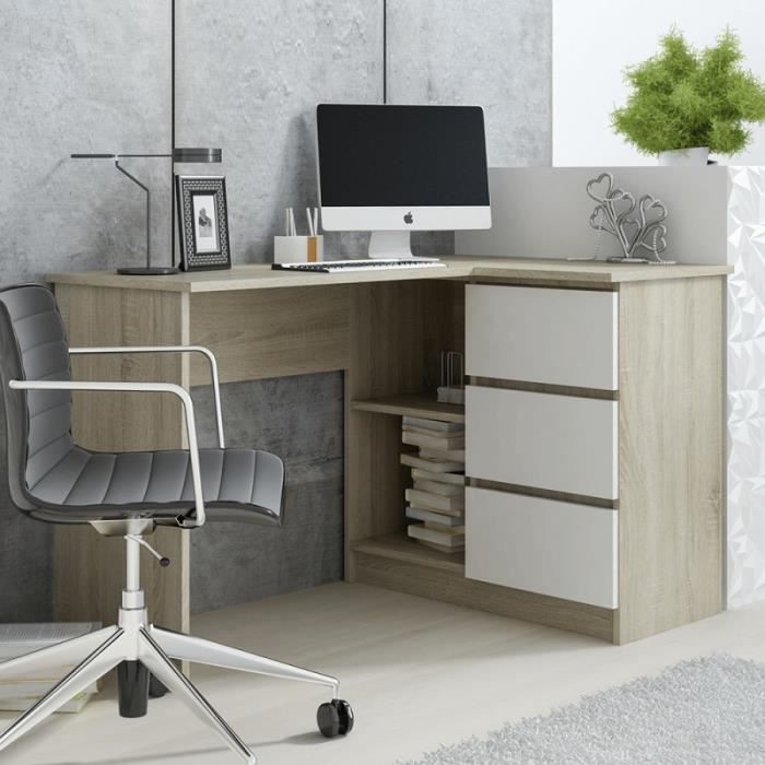 tendencio IDA - Bureau d'angle 3 tiroirs Style scandinave Bois et Blanc