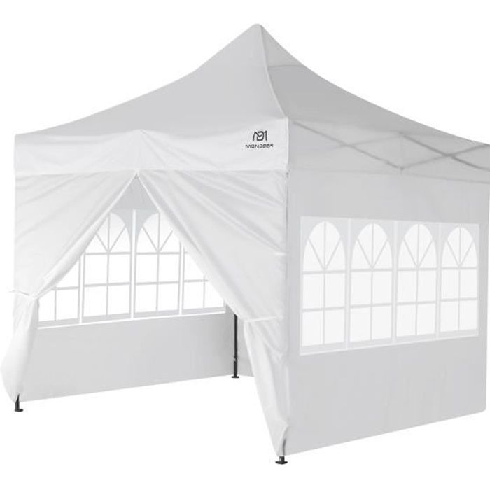 Tonnelle de Jardin 3mx3m Tente de Reception Pliante avec 4 Parois Latérales et Fenêtres pour Fête, Festival, Blanc - Mondeer